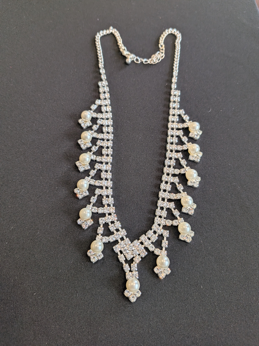 Vintage  Of 2 Silver Pearl and Crystal Statement Necklace 10.5"& Earrings